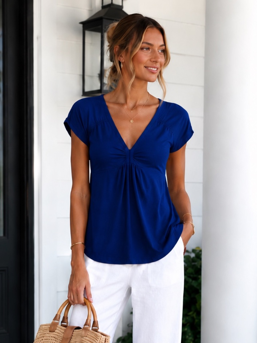 Banana Republic Royal Blue Ruched V-Neck Stretch Top | Coastal Chic Quiet Luxury